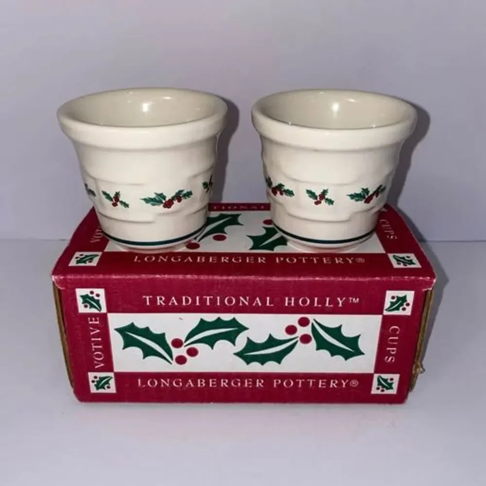 Vintage Longaberger Pottery Traditional Holly Votive Cups #36064